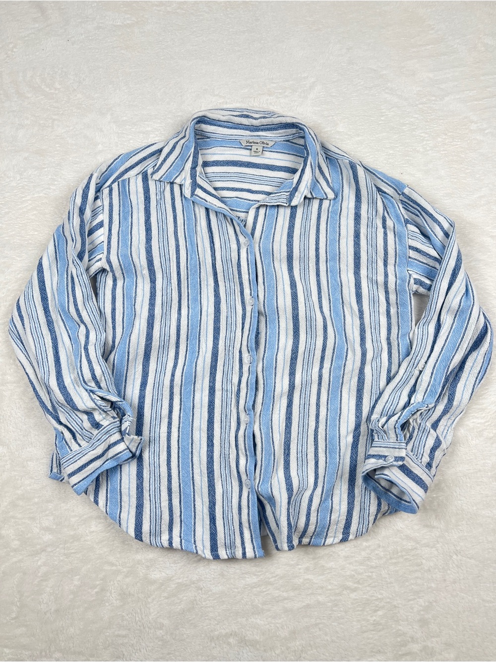 Marissa Olivia Linen Blend Striped Button Down Shirt Blue White Size S
